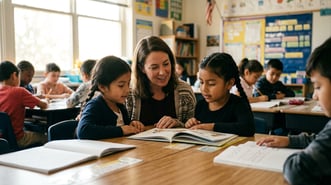 A teacher supporting a young English-learner student reading in an elementary classroom.