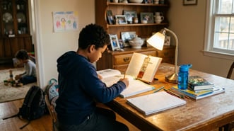 A third-grade boy sits at a kitchen table reading a short story aloud from a laptop screen, smiling as he sounds out a word.