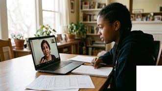 A virtual tutoring session showing a charter school student working through a math intervention worksheet with an A+ tutor