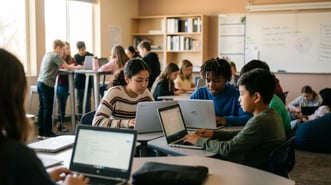 California charter school students working on personalized learning laptops in a flex-based classroom setting, representing iLEAD Flex Lancaster expansion