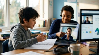 A virtual tutor and middle-school student working together on a math problem during a recurring weekly Tier 3 intervention session