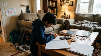 A 7th grade boy sits at a home computer with his notebook open, smiling as he works through a math problem during an online tutoring session.