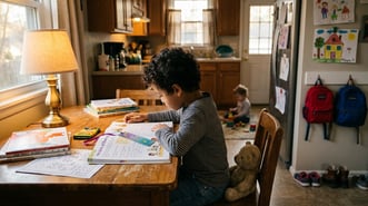 A young 2nd grade boy sits at a kitchen table reading a picture book aloud with a confident smile.