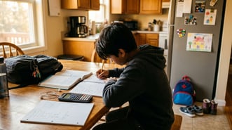 A quiet 6th grade boy working through a math problem at the kitchen table with pencil in hand.