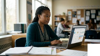 Charter school intervention coordinator reviewing tutoring session logs and student participation data on a laptop dashboard.