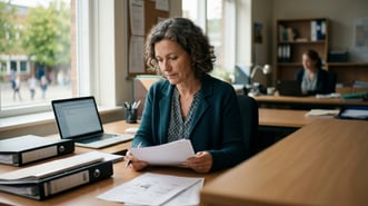 A California charter school administrator reviews independent study attendance records and student work samples at a desk with a laptop