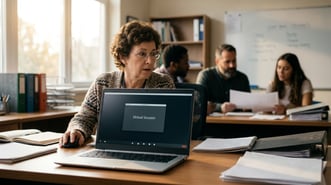 Empty virtual tutoring session interface on a laptop in a school administrator's office, symbolizing a vendor shutdown mid-contract