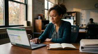 Charter school CFO reviewing ESSA Title I-IV cash balance reports on a laptop before the October 31 CMDC deadline
