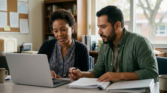California charter school administrator reviewing an outcomes-based high-dosage tutoring contract and MAP Growth documentation on a laptop